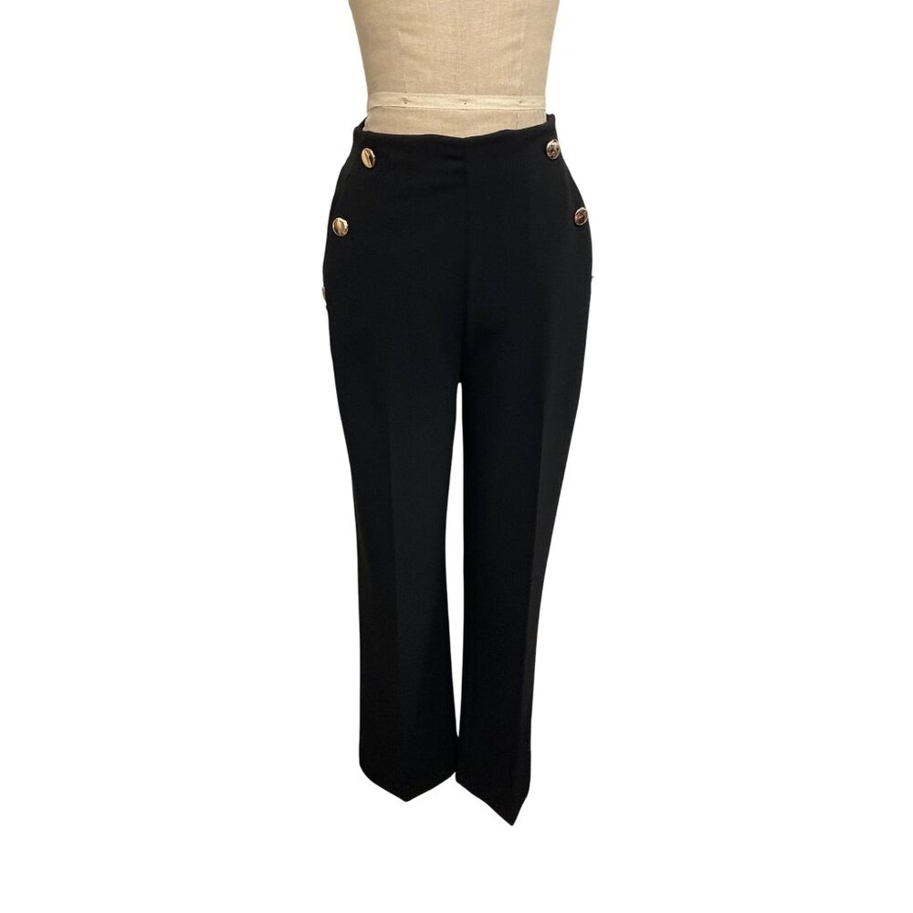 Womens Black High-Waisted Pants With Gold Buttons